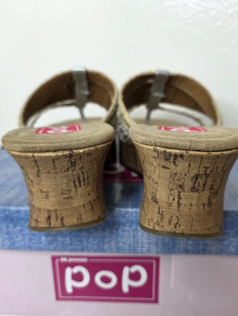 POP Kern Trail Silver & Natural Cork Wedge Thong Slip On Sandals New In Box 9m